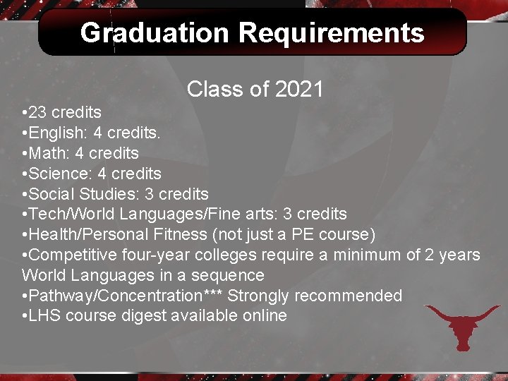 Graduation Requirements Class of 2021 • 23 credits • English: 4 credits. • Math: