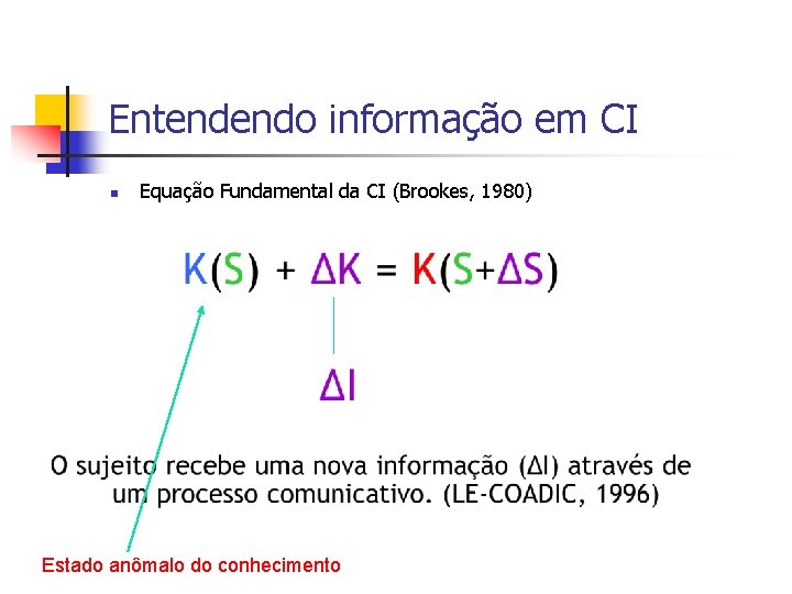 Entendendo informação em CI n Equação Fundamental da CI (Brookes, 1980) Estado anômalo do