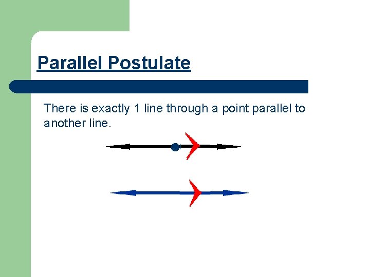 Parallel Postulate There is exactly 1 line through a point parallel to another line.