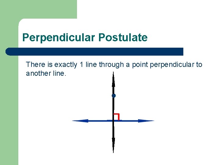 Perpendicular Postulate There is exactly 1 line through a point perpendicular to another line.