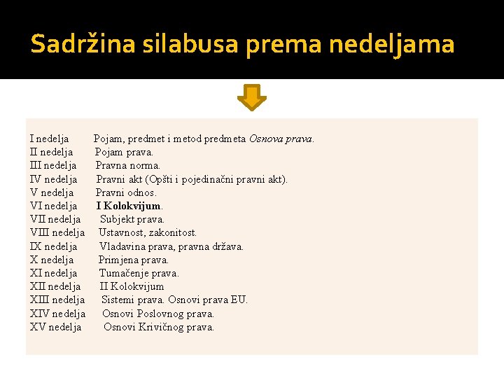 Sadržina silabusa prema nedeljama I nedelja III nedelja IV nedelja VIII nedelja IX nedelja