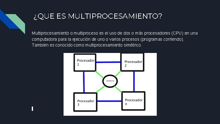 ¿QUE ES MULTIPROCESAMIENTO? Multiprocesamiento o multiproceso es el uso de dos o más procesadores