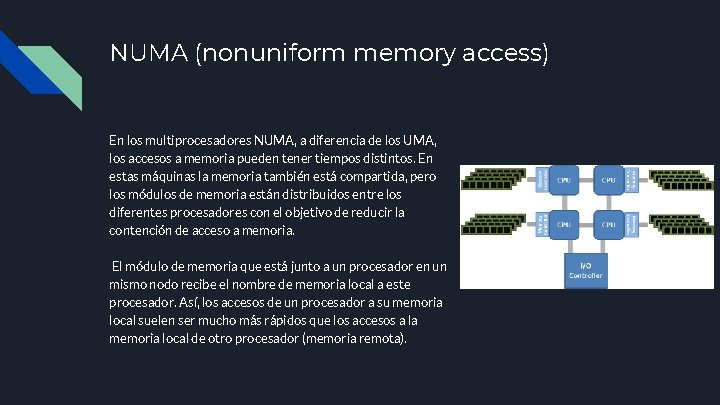 NUMA (nonuniform memory access) En los multiprocesadores NUMA, a diferencia de los UMA, los