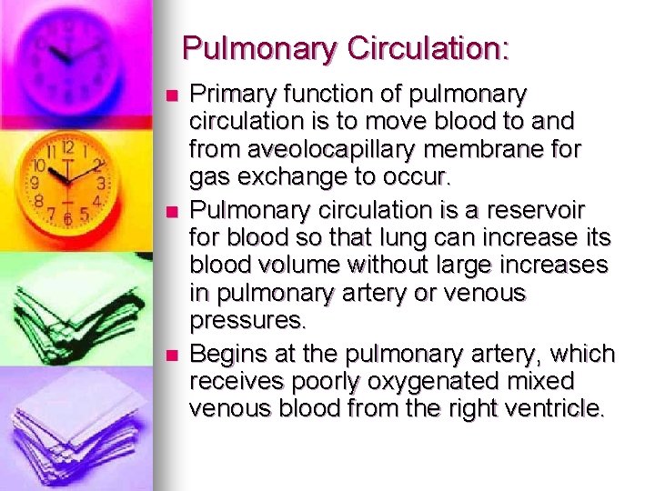 Pulmonary Circulation: n n n Primary function of pulmonary circulation is to move blood