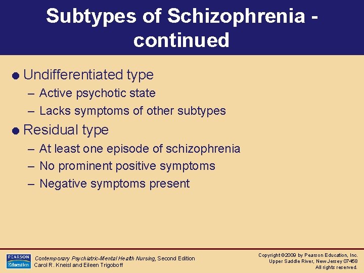 Subtypes of Schizophrenia continued = Undifferentiated type – Active psychotic state – Lacks symptoms