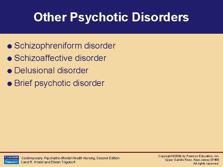 Other Psychotic Disorders = Schizophreniform disorder = Schizoaffective disorder = Delusional disorder = Brief