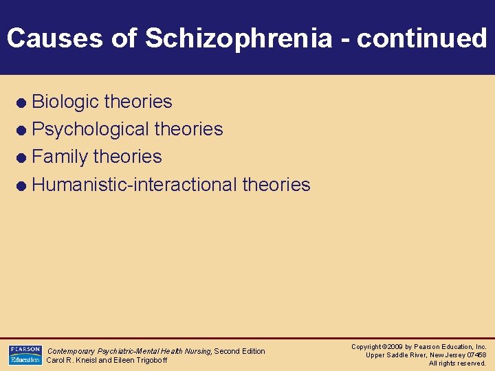 Causes of Schizophrenia - continued = Biologic theories = Psychological theories = Family theories