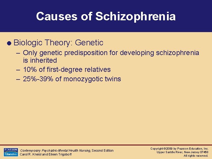 Causes of Schizophrenia = Biologic Theory: Genetic – Only genetic predisposition for developing schizophrenia