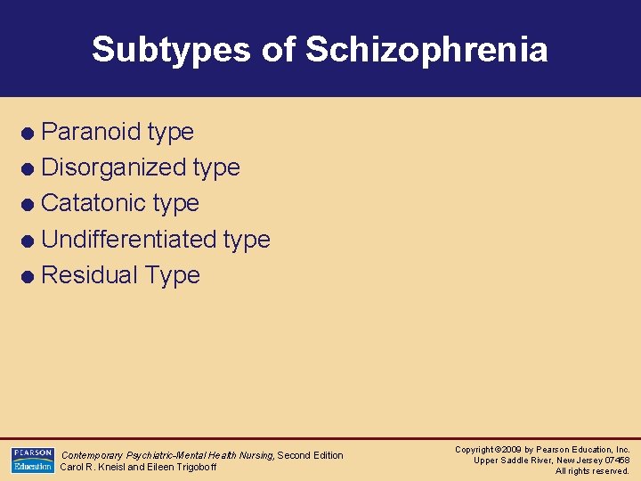 Subtypes of Schizophrenia = Paranoid type = Disorganized type = Catatonic type = Undifferentiated