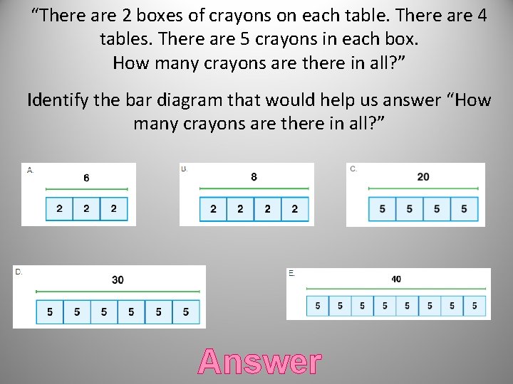 “There are 2 boxes of crayons on each table. There are 4 tables. There