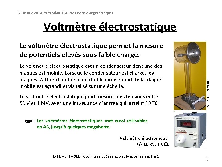 6. Mesure en haute tension > A. Mesure de charges statiques Voltmètre électrostatique Le