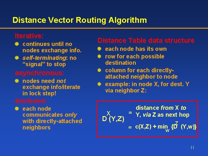Distance Vector Routing Algorithm iterative: continues until no nodes exchange info. self-terminating: no “signal”