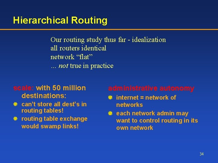 Hierarchical Routing Our routing study thus far - idealization all routers identical network “flat”