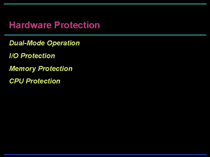 Hardware Protection Dual-Mode Operation I/O Protection Memory Protection CPU Protection Hardware Protection Dual-Mode Operation I/O Protection Memory Protection CPU Protection
