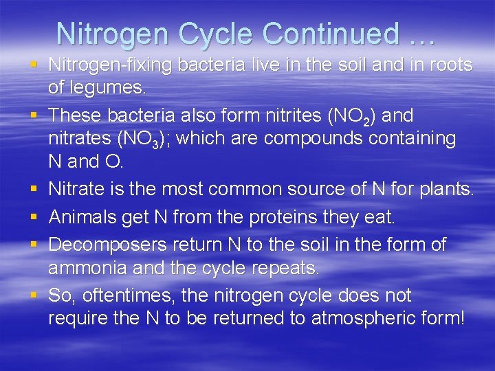 Nitrogen Cycle Continued … § Nitrogen-fixing bacteria live in the soil and in roots