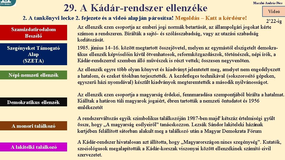 29. A Kádár-rendszer ellenzéke Maczkó András Pécs Videó 2. A tankönyvi lecke 2. fejezete