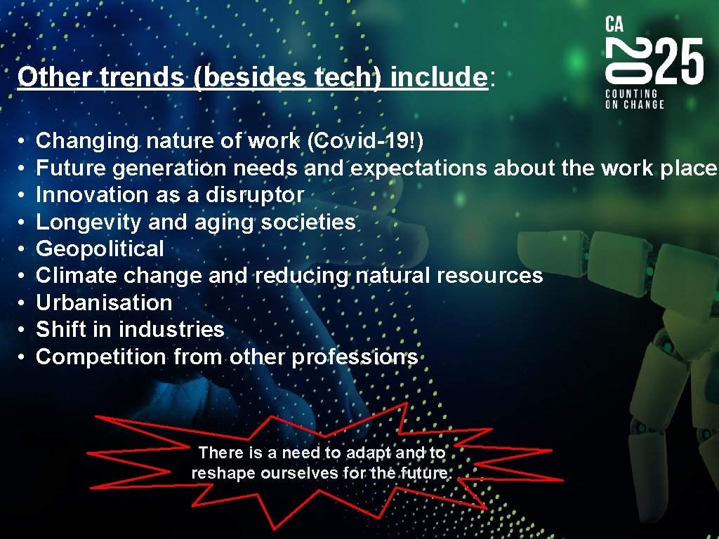 Other trends (besides tech) include: • • • Changing nature of work (Covid-19!) Future