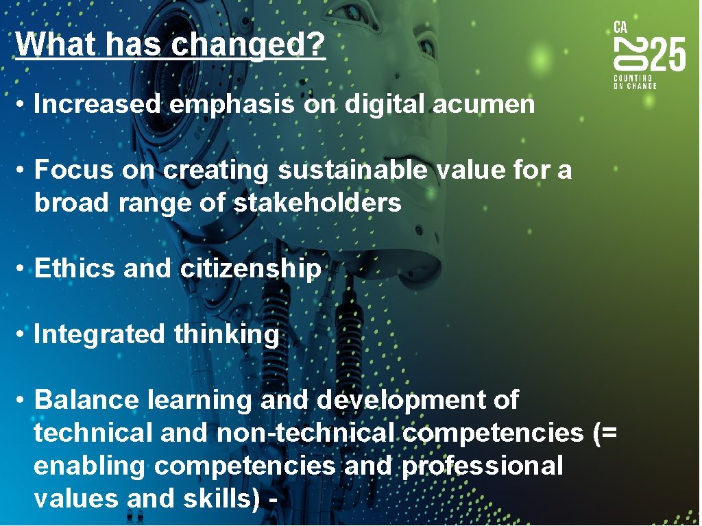 What has changed? • Increased emphasis on digital acumen • Focus on creating sustainable
