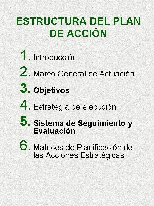 ESTRUCTURA DEL PLAN DE ACCIÓN 1. Introducción 2. Marco General de Actuación. 3. Objetivos