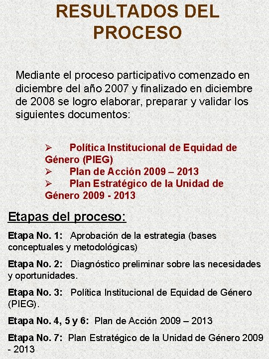 RESULTADOS DEL PROCESO Mediante el proceso participativo comenzado en diciembre del año 2007 y