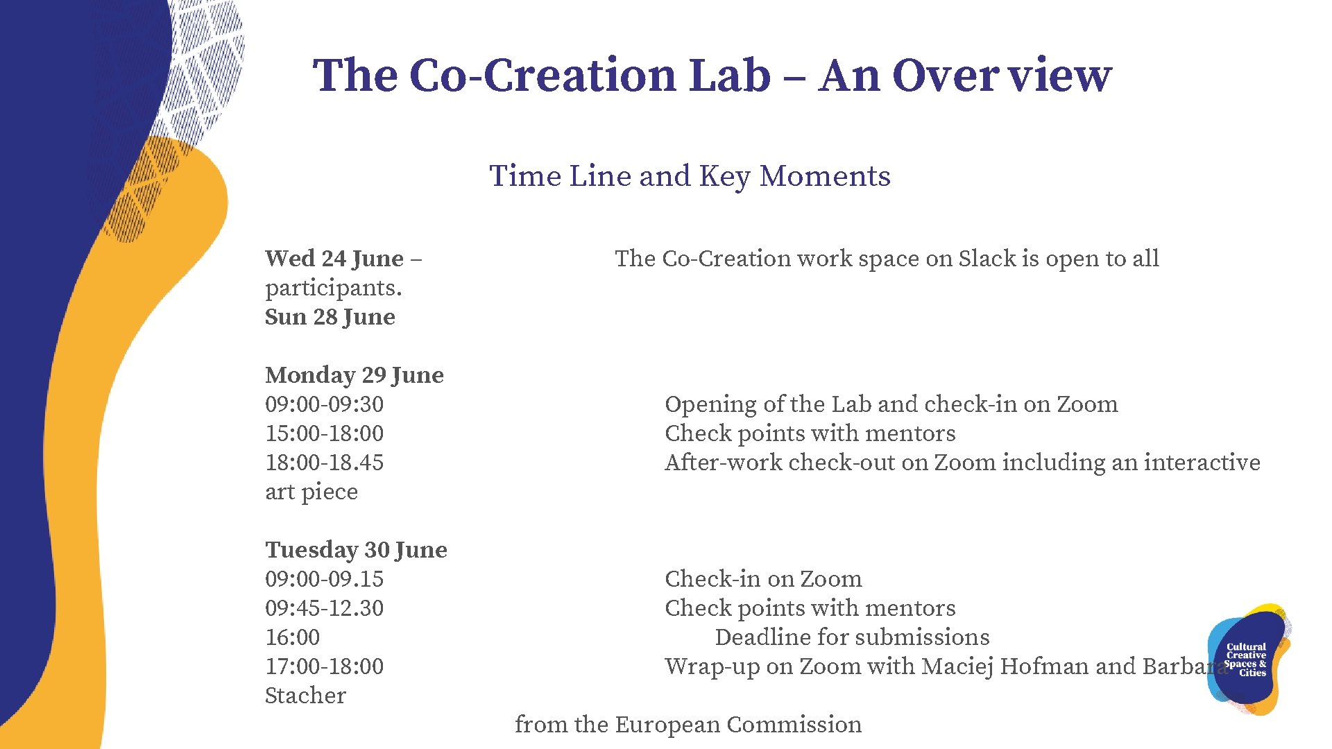 The Co-Creation Lab – An Over view Time Line and Key Moments Wed 24