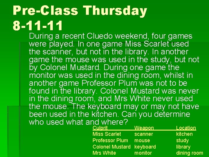 Pre-Class Thursday 8 -11 -11 During a recent Cluedo weekend, four games were played.
