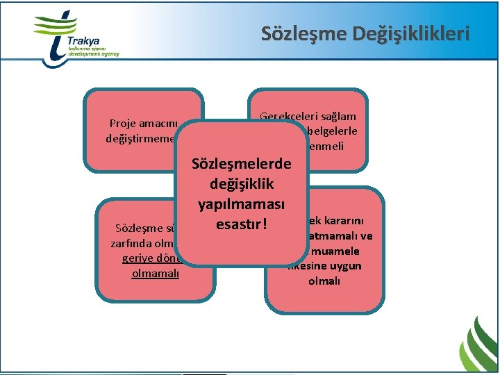 Sözleşme Değişiklikleri Proje amacını değiştirmemeli Gerekçeleri sağlam olmalı ve belgelerle desteklenmeli Sözleşmelerde değişiklik yapılmaması