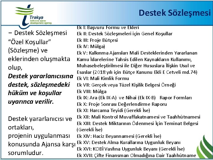 Destek Sözleşmesi Ek I: Başvuru Formu ve Ekleri - Destek Sözleşmesi Ek II: Destek