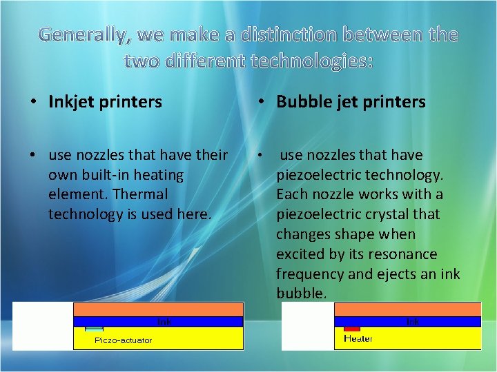 Generally, we make a distinction between the two different technologies: • Inkjet printers •