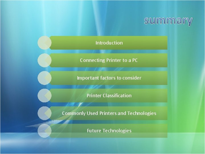summary Introduction Connecting Printer to a PC Important factors to consider Printer Classification Commonly