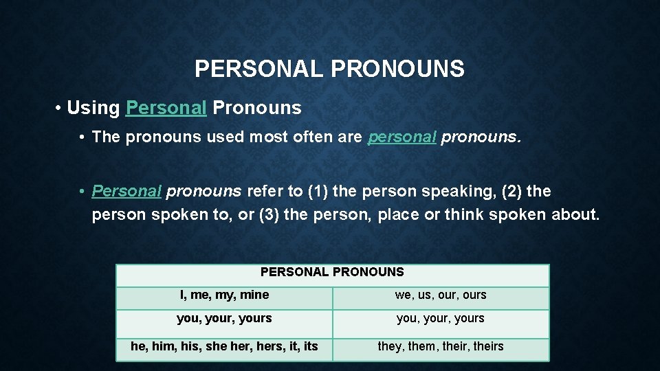 PERSONAL PRONOUNS • Using Personal Pronouns • The pronouns used most often are personal
