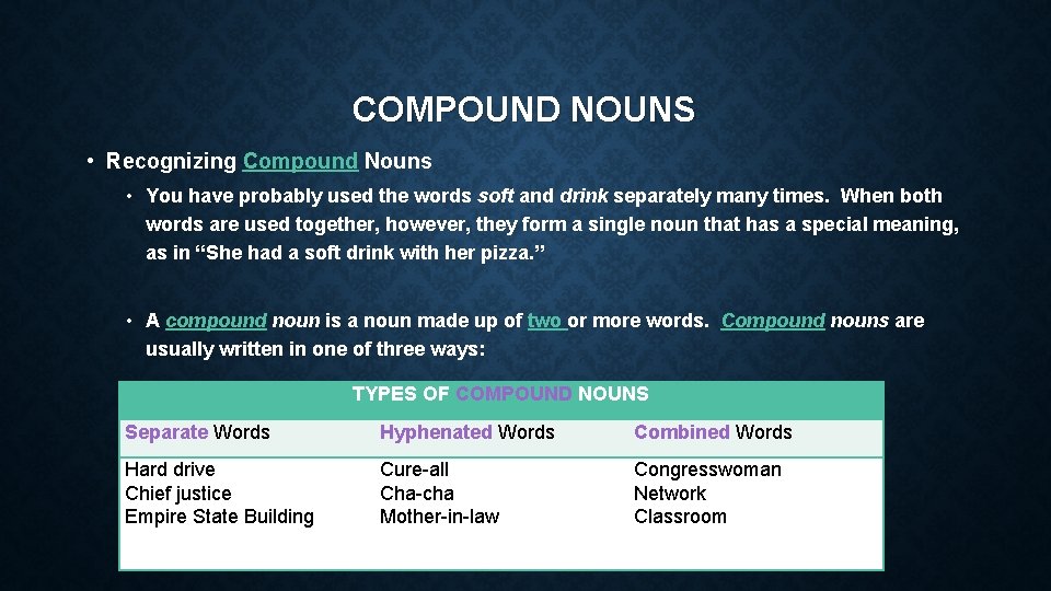 COMPOUND NOUNS • Recognizing Compound Nouns • You have probably used the words soft