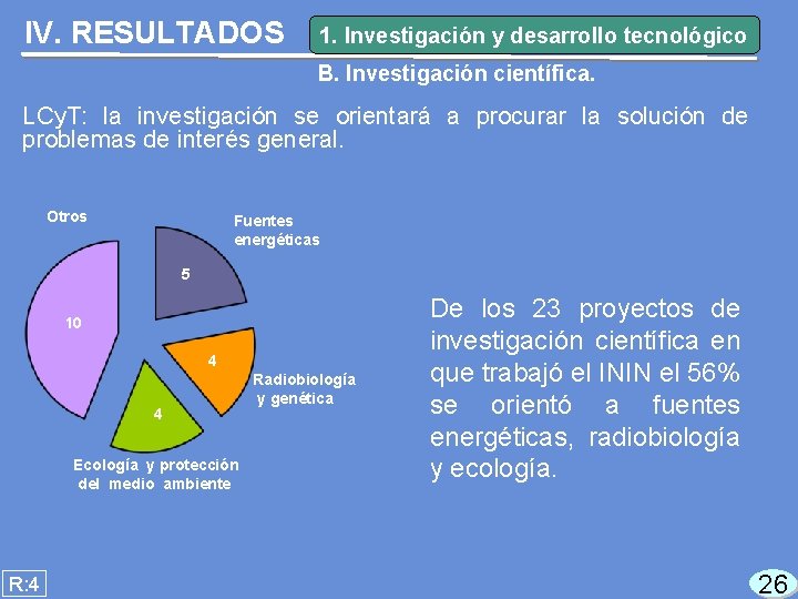 IV. RESULTADOS 1. Investigación y desarrollo tecnológico B. Investigación científica. LCy. T: la investigación