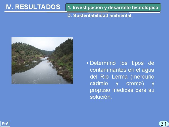 IV. RESULTADOS 1. Investigación y desarrollo tecnológico D. Sustentabilidad ambiental. • Determinó los tipos