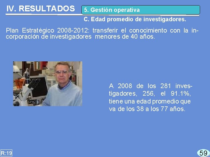 IV. RESULTADOS 5. Gestión operativa C. Edad promedio de investigadores. Plan Estratégico 2008 -2012: