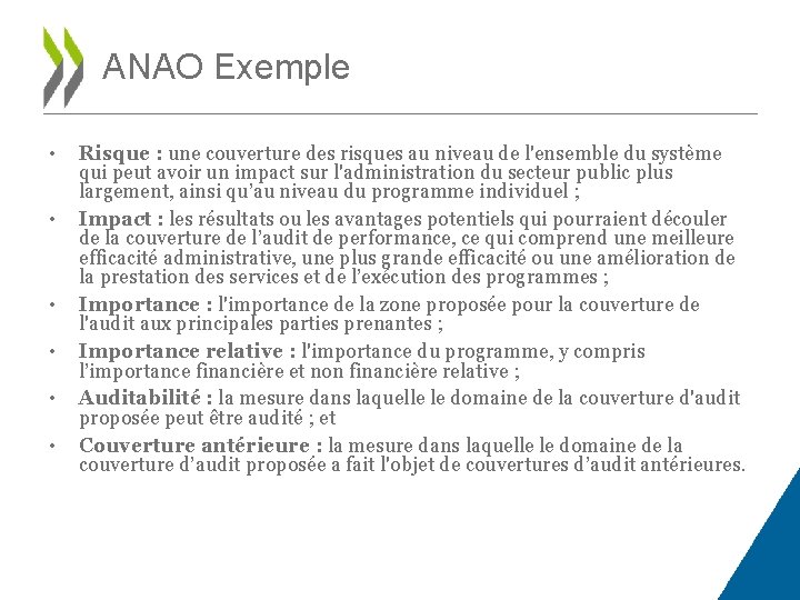 ANAO Exemple • • • Risque : une couverture des risques au niveau de