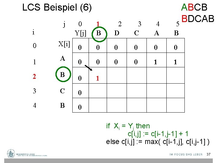 LCS Beispiel (6) j i ABCB BDCAB 5 0 Y[j] 1 B 2 D
