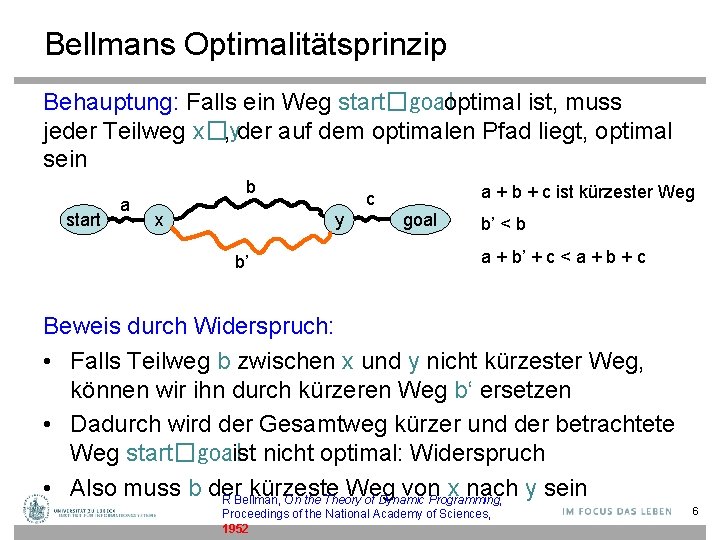 Bellmans Optimalitätsprinzip Behauptung: Falls ein Weg start�goal optimal ist, muss jeder Teilweg x�y ,
