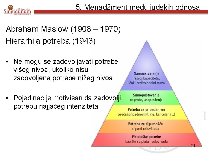 5. Menadžment međuljudskih odnosa Abraham Maslow (1908 – 1970) Hierarhija potreba (1943) • Ne