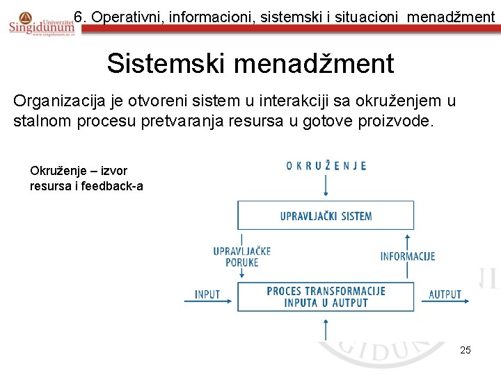 6. Operativni, informacioni, sistemski i situacioni menadžment Sistemski menadžment Organizacija je otvoreni sistem u