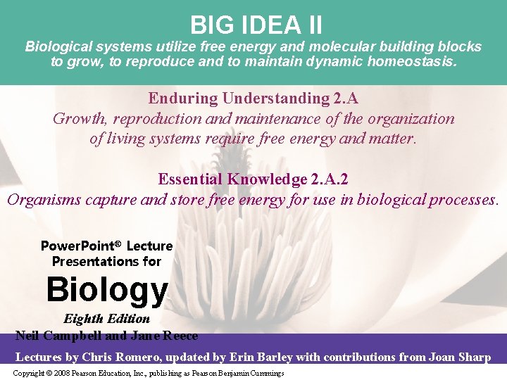 BIG IDEA II Biological systems utilize free energy and molecular building blocks to grow,