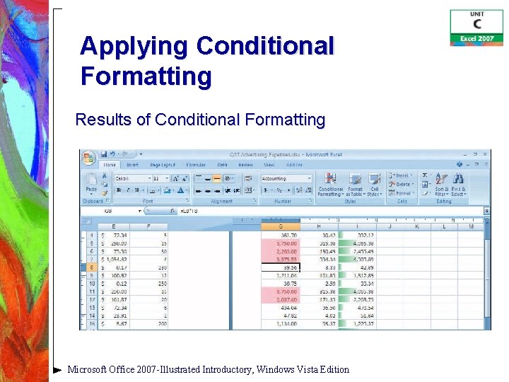 Applying Conditional Formatting Results of Conditional Formatting Microsoft Office 2007 -Illustrated Introductory, Windows Vista