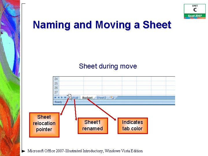 Naming and Moving a Sheet during move Sheet relocation pointer Sheet 1 renamed Indicates