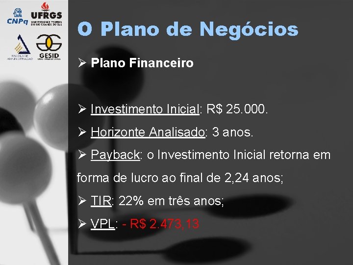 O Plano de Negócios Ø Plano Financeiro Ø Investimento Inicial: R$ 25. 000. Ø