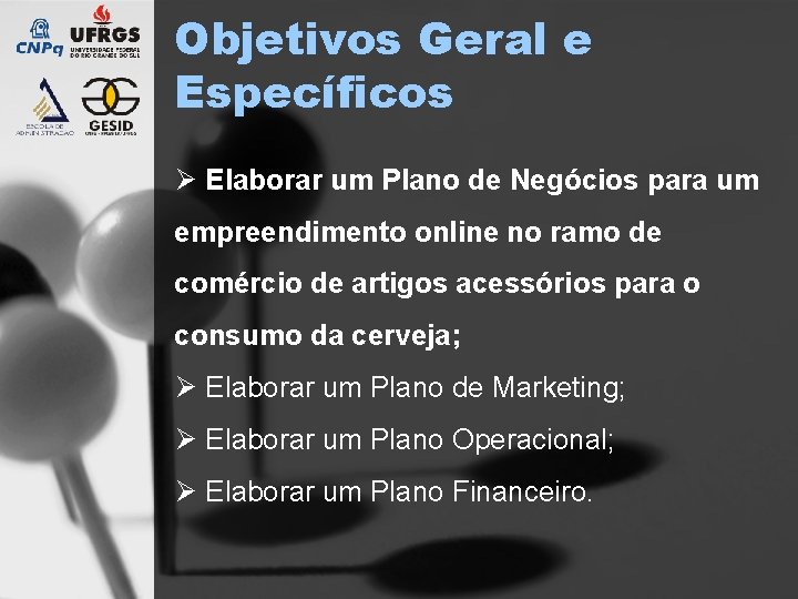 Objetivos Geral e Específicos Ø Elaborar um Plano de Negócios para um empreendimento online