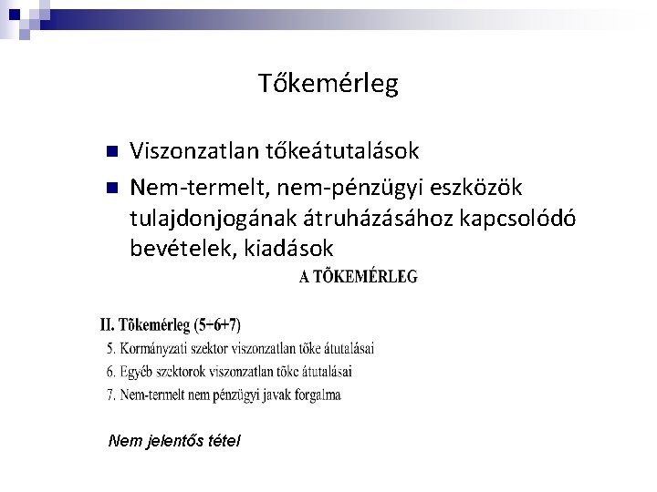 Tőkemérleg n n Viszonzatlan tőkeátutalások Nem-termelt, nem-pénzügyi eszközök tulajdonjogának átruházásához kapcsolódó bevételek, kiadások Nem