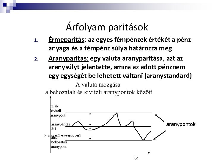 Árfolyam paritások 1. 2. Érmeparitás: az egyes fémpénzek értékét a pénz anyaga és a