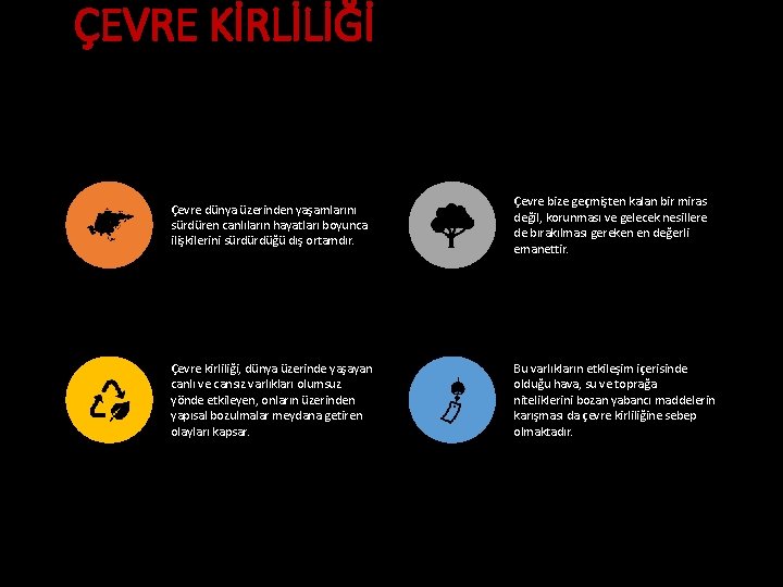 ÇEVRE KİRLİLİĞİ Çevre dünya üzerinden yaşamlarını sürdüren canlıların hayatları boyunca ilişkilerini sürdürdüğü dış ortamdır.