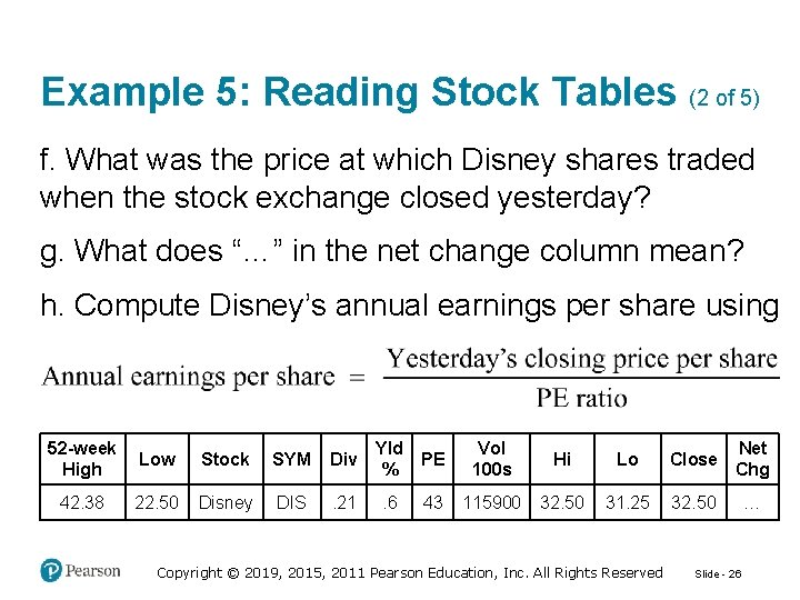 Example 5: Reading Stock Tables (2 of 5) f. What was the price at
