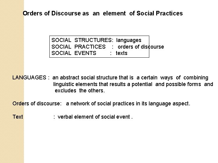 Orders of Discourse as an element of Social Practices SOCIAL STRUCTURES: languages SOCIAL PRACTICES